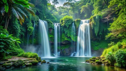 Double waterfall cascading through lush jungle forest, creating breathtaking depth of field