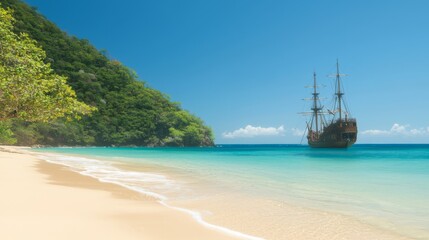 Obraz premium Serene Beachscape with Pirate Ship, Golden Sands, and Turquoise Waters, Inviting Exploration and Adventure