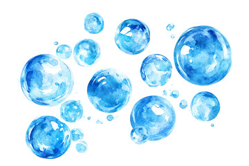 A collection of blue watercolor bubbles on a white background, evoking a fresh, clean aesthetic.