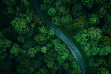 Aerial View of Winding Road Through Lush Green Forest