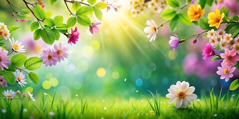 Colorful spring abstract background with blooming flowers and fresh green leaves Macro
