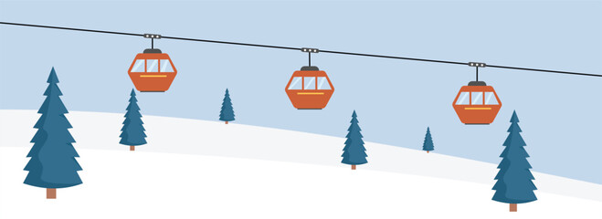 Ski lift illustration. Cable car in the winter season. Winter hill with cable car. Winter landscape. Ropeway illustration. Gondola lift. Cable car system. Mountain transportation.  © Hayclaw Here