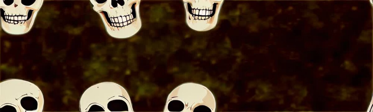 pattern of cartoonish skulls set against a dark, textured background. Copy space website banner