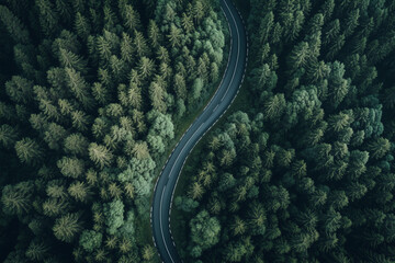 Aerial View of Winding Road Through Lush Green Forest