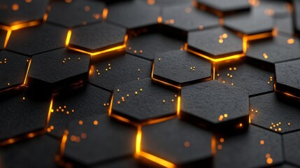 Obraz premium Abstract Black Hexagonal Background with Golden Lines Futuristic 3D Design. Generative AI