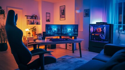 Moody night interior of a gamers bedroom rendered in 3D, with glowing LED strips and a neatly organized gaming station