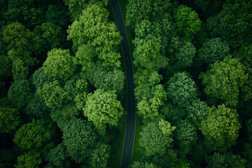 Aerial View of Winding Road Through Lush Green Forest