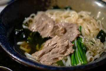 Japanese udon noodles with beef and vegetable.