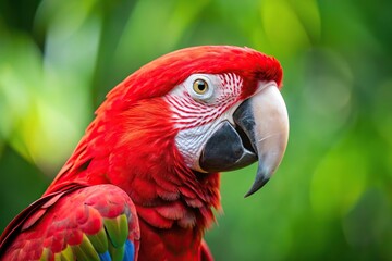 Close-up photo of a beautiful red and green Ara chloropterus bird