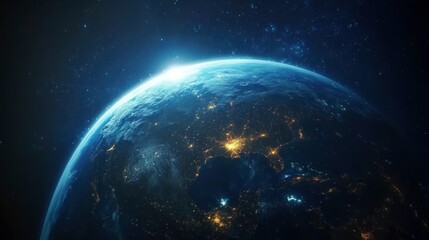 Obraz premium Witness the breathtaking sight of Earth at night from space, where illuminated lines of communication weave a tapestry of global connection and innovation. Generative AI