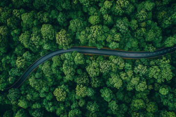 Aerial View of Winding Road Through Lush Green Forest