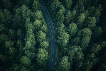 Aerial View of Winding Road Through Lush Green Forest