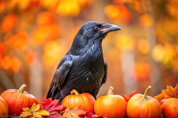 Obraz premium Close-up photo of black raven surrounded by pumpkins and autumn leaves
