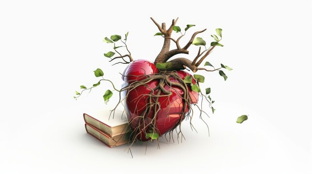 a heart entwined with vines of knowledge, with books sprouting from its branches