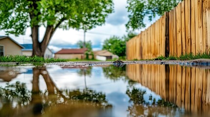 Backyard with standing water reflecting the surrounding trees and sky, capturing the serene beauty of nature's reflection and the tranquility of a still moment.