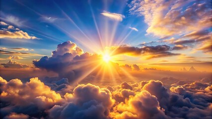 Fototapeta premium Close-up photo of sun shining through clouds in the sky at sunset