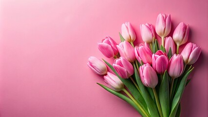 Obraz premium Depth of field pink tulip bouquet on pink background, minimalist spring flower wallpaper
