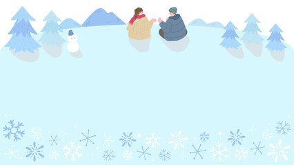 Snowing winter landscape background, smiling man and woman talking, cute hand drawn illustration / 雪が降る冬の風景の背景、笑顔で話す男性と女性、かわいい手描きのイラスト