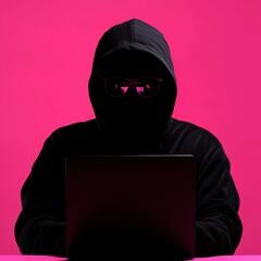 Mysterious Figure in Hoodie Engaged with Technology Against Bold Pink Background