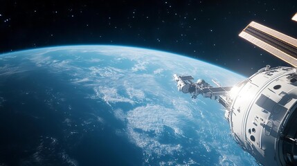 Spacecraft docking at a massive space station, sci-fi innovation, interstellar travel