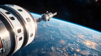 Spacecraft docking at a massive space station, sci-fi innovation, interstellar travel