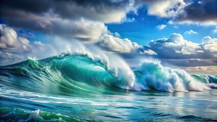 Fototapeta premium Close-Up Powerful foamy sea waves rolling and splashing over water surface against cloudy blue sky