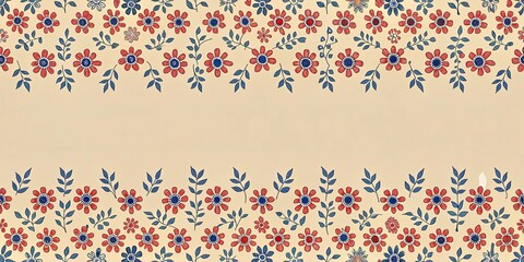 Floral pattern with blue and red leading lines on a beige background