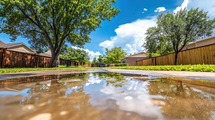 Fototapeta premium Backyard with standing water reflecting the surrounding trees and sky, capturing the serene beauty of nature's reflection and the tranquility of a still moment.