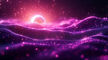 Fototapeta premium Abstract Digital Landscape with Glowing Purple Mesh and Rising Planet – Futuristic Background for Technology or Sci-Fi Themes. Generative AI