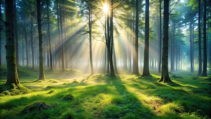 Foggy forest with light shining through trees and grass