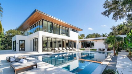 Fototapeta premium Modern Villa with Pool and Tropical Landscaping