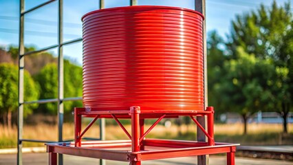 Close-up red metal stand for container water tank with shallow depth of field in daylight