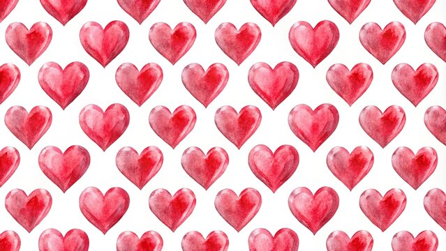 Forced perspective seamless pattern with watercolor red heart on white background