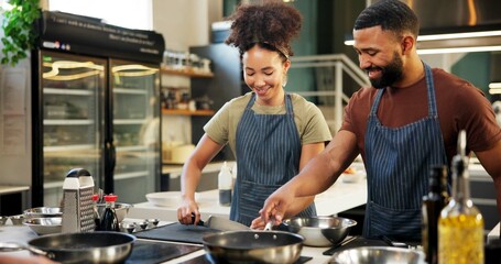 Happy, chef and helping in kitchen, cooking and listening to instruction, mentor or teaching in...