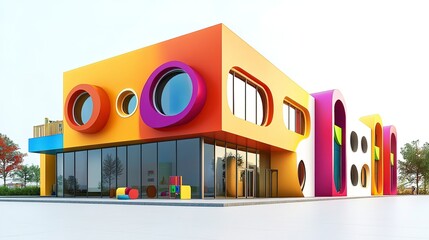 A modern kindergarten building with colorful facade and playful shapes, early education, 3D rendering, bright tones, isolated on white background 