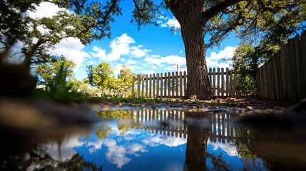 Obraz premium Backyard with standing water reflecting the surrounding trees and sky, capturing the serene beauty of nature's reflection and the tranquility of a still moment.