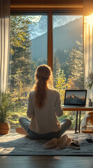 A woman works on her laptop while sitting at the table in front of a panoramic window with a great view of the mountains in the distance. Concept of remote work and escaping to nature