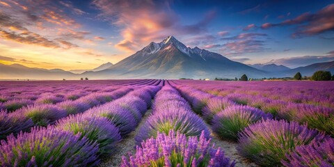 French elegance silhouette in lavender field and alpine peak