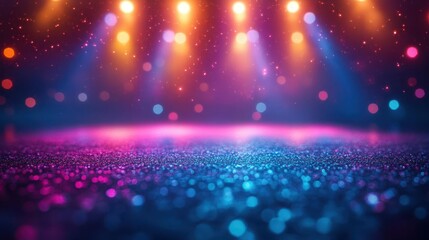 Fototapeta premium Celestial Dancefloor: A Mesmerizing Fusion of Cosmic Glitter and Radiant Spotlights, Creating an Ethereal Wonderland Where Stardust Meets Stage Lights in a Dazzling Display