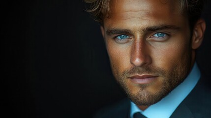 striking image of a confident young businessman posing against a sleek black backdrop exuding charisma and modern professionalism