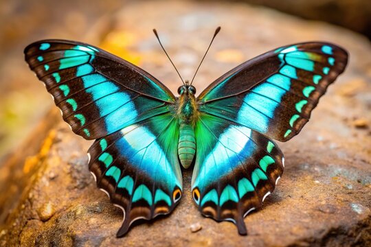 Close-up shot of a common bluebottle Graphium sarpedon butterfly with black and turquoise wings