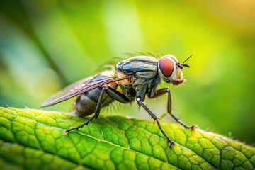 Close-up shot of a fly sunbathing on a leaf with greenery background, showcasing depth of field effect
