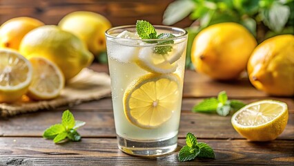 Fototapeta premium Close-up shot of a glass of freshly squeezed lemonade sparkling on a table