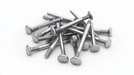 Shiny metal construction nails scattered on a white background for hardware and construction projects. Generative AI