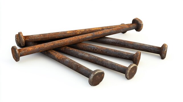 Old construction nails with rust lying in a pile isolated on a white background. Vintage hardware items used in carpentry or construction.. Generative AI