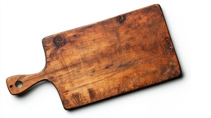 Fototapeta premium Rustic wooden cutting board isolated on white background. Generative AI