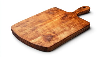 Fototapeta premium Wooden cutting board with handle on white background perfect for kitchen food prep and culinary tasks. Generative AI