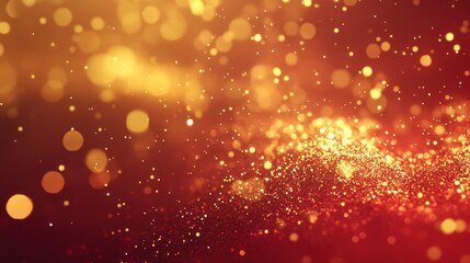 Obraz premium Gold particles on red background with floating dust and bokeh lights, futuristic glittering effect.