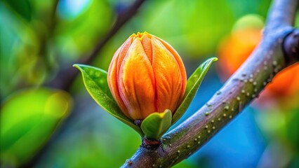 Close-up shot of an orange flower bud on a tree branch, macro