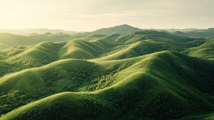 Landscape with green mountains, conveying tranquility of nature.